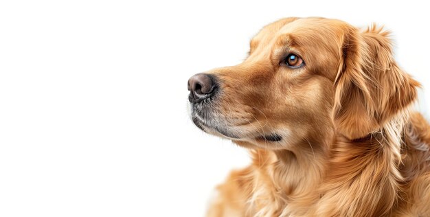 Un primer plano de un hermoso perro marrón sobre un fondo blanco