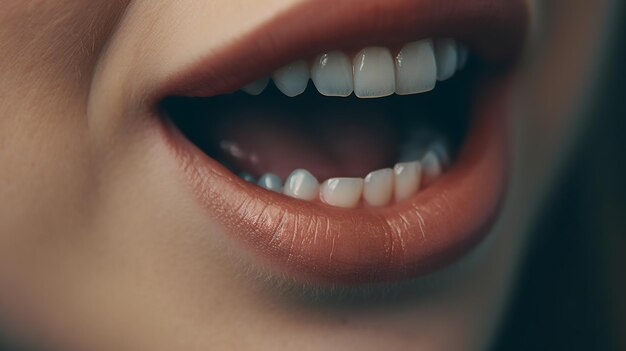 Primer plano de hermosos labios femeninos con dientes blancos Concepto de blanqueamiento dental