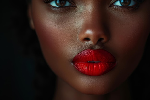 Primer plano de hermosos labios femeninos con lápiz labial rojo de una mujer afroamericana maquillaje de moda