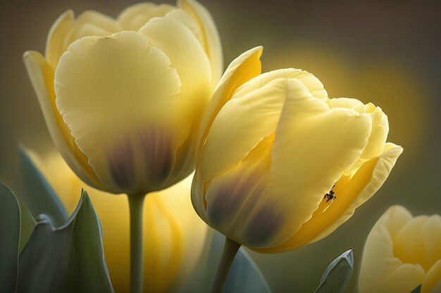 Primer plano de hermosos tulipanes amarillos en luz mágica generativa Ai
