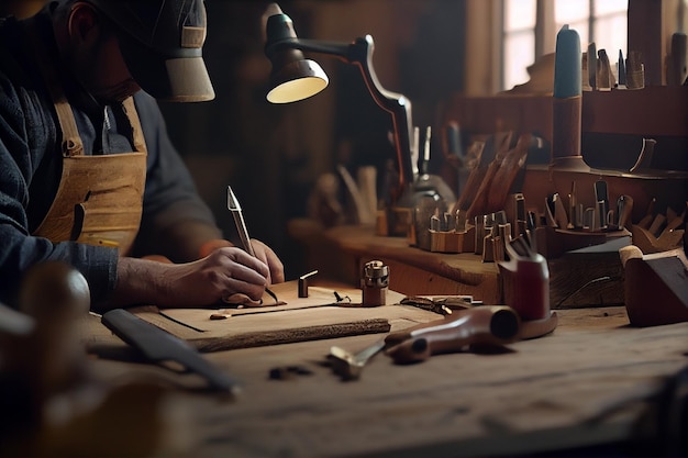 Primer plano de las herramientas de los carpinteros en el banco de trabajo en el taller generativo ai