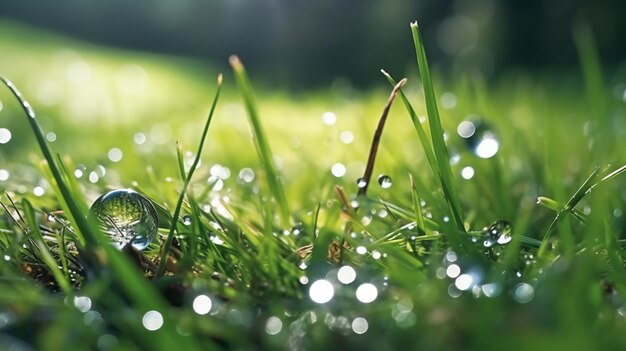 un primer plano de una hierba con gotas de agua