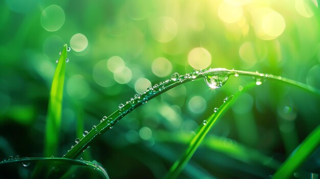 Un primer plano de la hierba verde fresca con gotas de rocío en el sol de la mañana