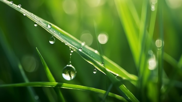 Un primer plano de una hierba verde con gotas de agua sobre ella