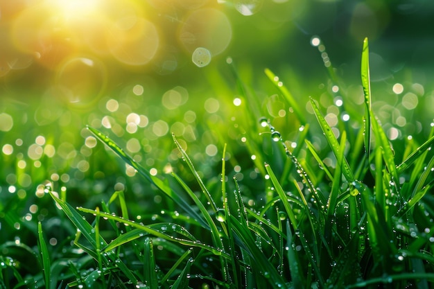 Un primer plano de la hierba verde con gotas de rocío en la luz del sol de la mañana