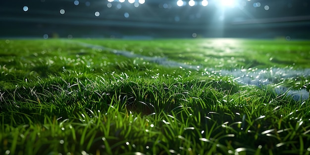 Primer plano de la hierba verde con luces bokeh en el estadio de fútbol Ai Generado