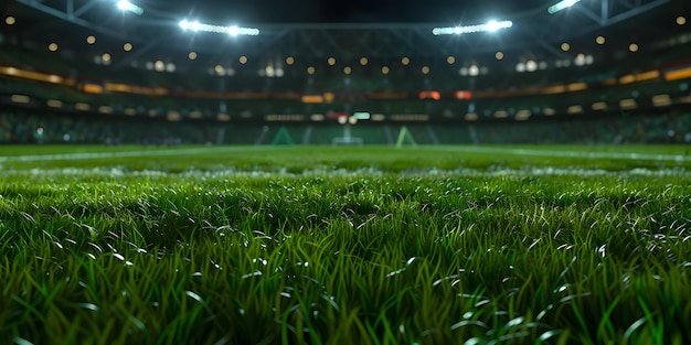 Primer plano de la hierba verde con luces bokeh en el estadio de fútbol Ai Generado