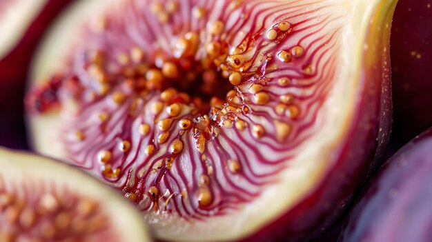 Foto un primer plano de una higuera cortada que muestra los intrincados detalles del interior de la fruta