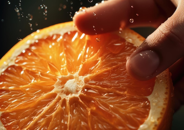 Foto un primer plano hiperrealista de la mano de una persona apretando una naranja fresca capturando el jugo