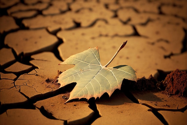 Foto primer plano de hoja de árbol seco sobre suelo estéril agrietado global warmi