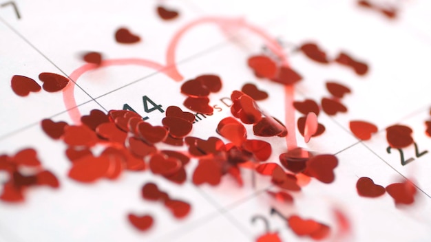 Primer plano de la hoja de calendario con fecha del 14 de febrero con hermosos corazones de papel rojo Día de San Valentín