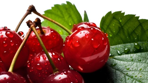 Primer plano de hoja de fruta de grosella roja en una rama con un estudio de gotas de agua aislado sobre fondo blanco