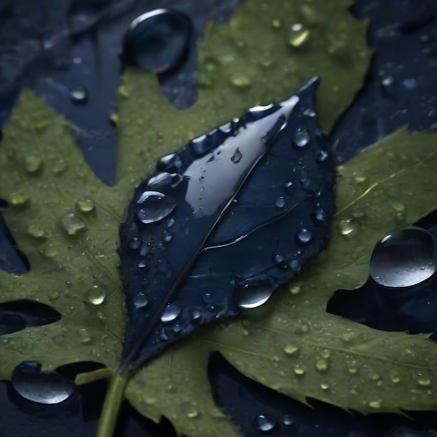 un primer plano de una hoja con gotas de agua en ella fantasía n 9 ropa azul oscuro barra de fondo