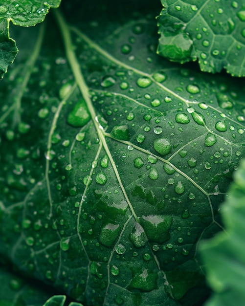 un primer plano de una hoja con gotas de agua en ella