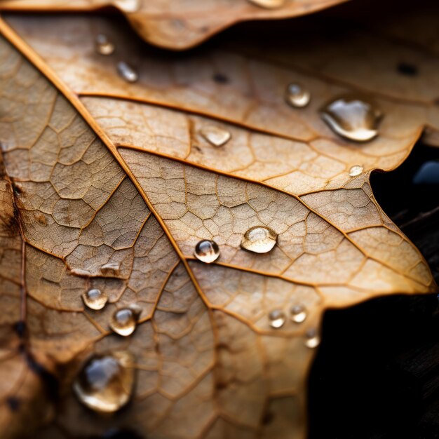 un primer plano de una hoja con gotas de agua en ella