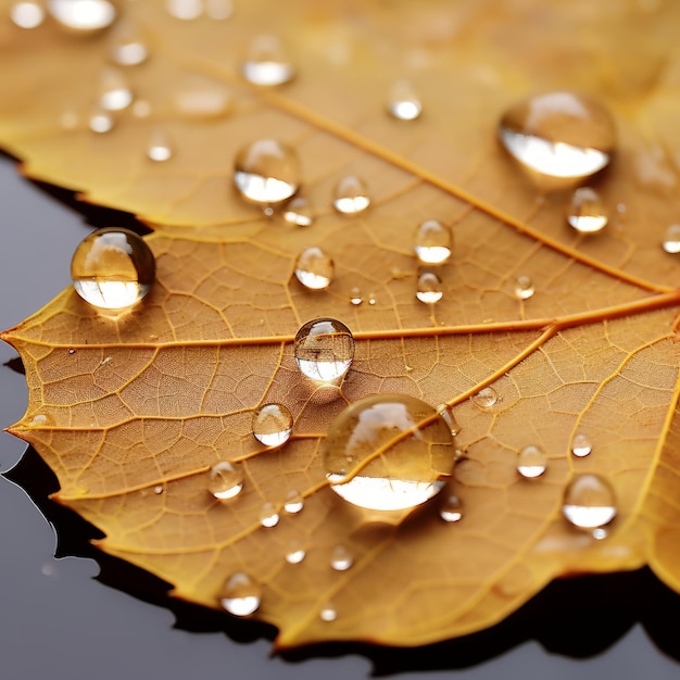 un primer plano de una hoja con gotas de agua en ella