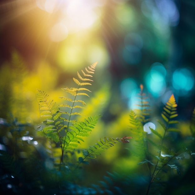 Un primer plano de una hoja de helecho en un bosque con el sol brillando a través de los árboles ai generativo