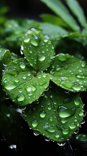 Primer plano de una hoja con la superficie cubierta de gotas de rocío Creado con IA generativa