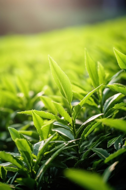 Un primer plano de la hoja de té verde en la plantación de té de la mañana