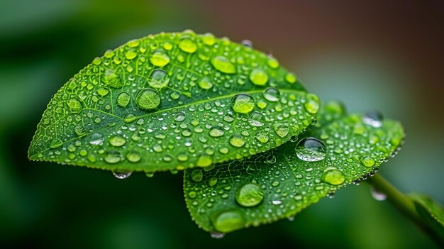 Primer plano de una hoja verde brillante con gotas de rocío belleza primaveral de la naturaleza Ingredientes naturales