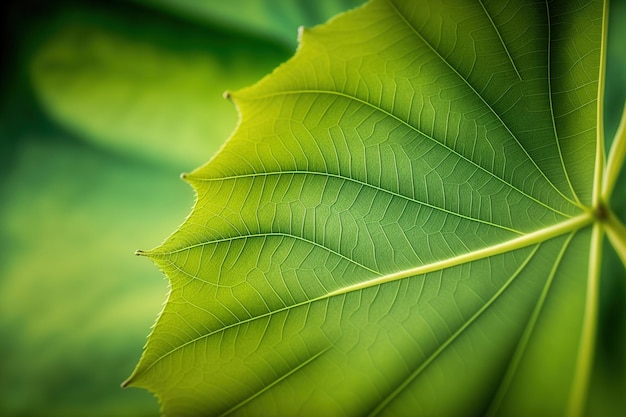 Primer plano de una hoja verde con enfoque selectivo y poca profundidad de campo, fondo de naturaleza abstracta.