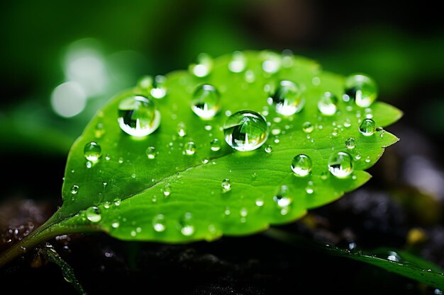 Un primer plano de una hoja verde con gotas de agua sobre ella