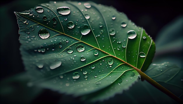 Primer plano de una hoja verde con gotas de lluvia Al realista generado