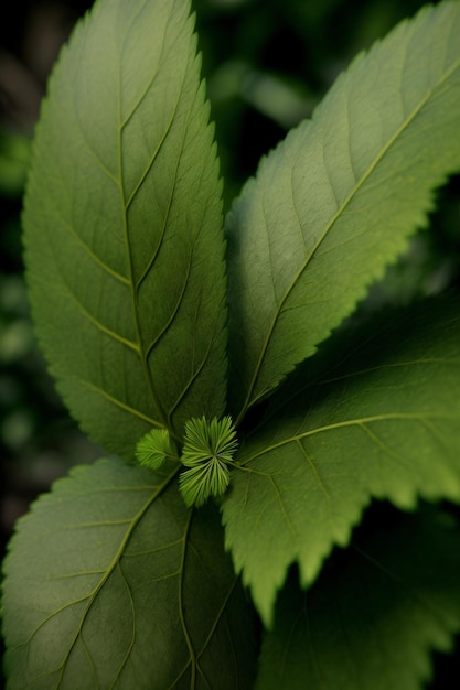 Un primer plano de una hoja verde en una planta