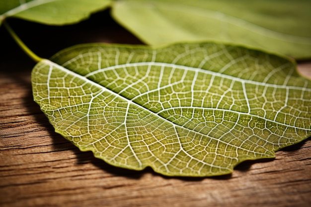 un primer plano de una hoja verde en una superficie de madera