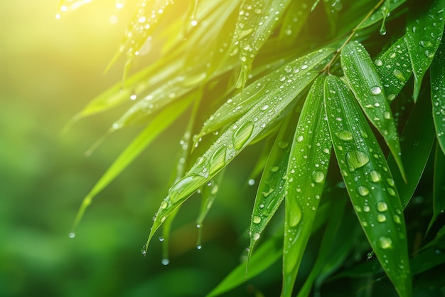 Un primer plano de hojas de bambú verdes frescas con gotas de agua y la luz del sol brillando a través.