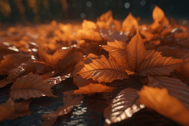 Un primer plano de hojas en un charco con el sol brillando sobre ellas.