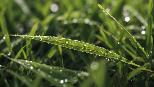 Un primer plano de las hojas de hierba húmedas después de una lluvia de primavera con gotas de agua que reflejan la luz solar