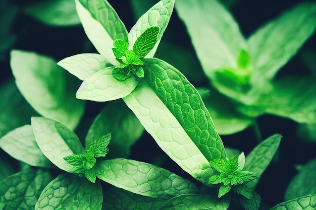 Primer plano de hojas de hierba de menta verde creciente