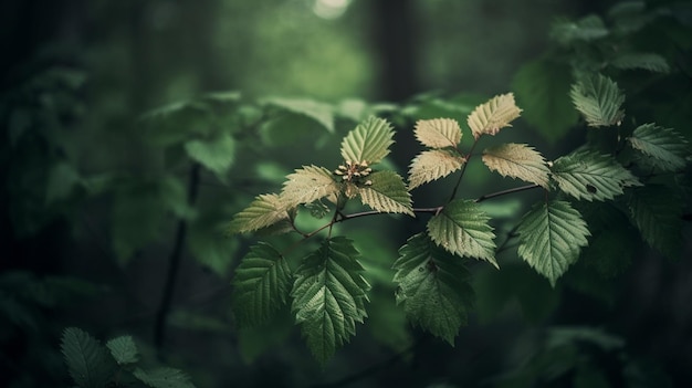 Un primer plano de hojas y hojas en un bosque oscuro