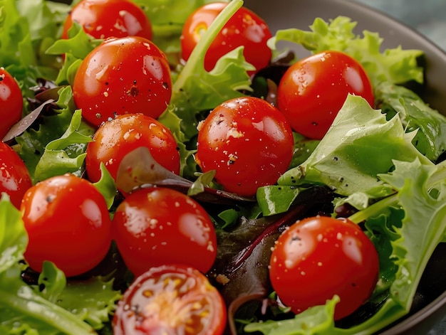 Un primer plano de hojas de lechuga fresca y tomates cereza que crean una ensalada colorida y saludable