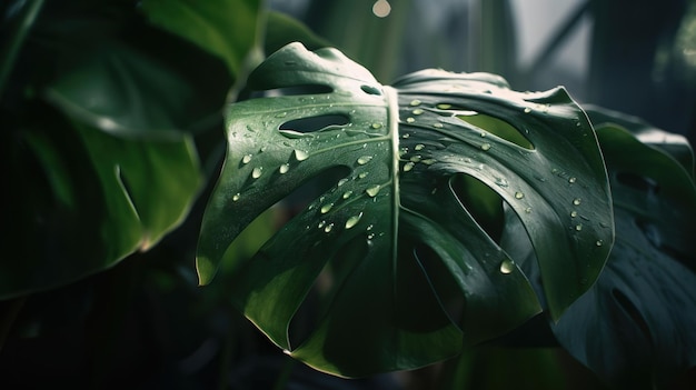 Primer plano de las hojas de la planta tropical Monstera con gotas de lluvia Telón de fondo natural verde IA generativa