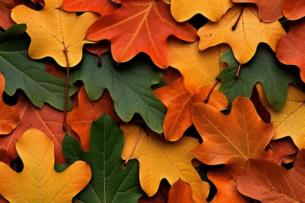 Un primer plano de las hojas de roble en vibrantes colores de otoño