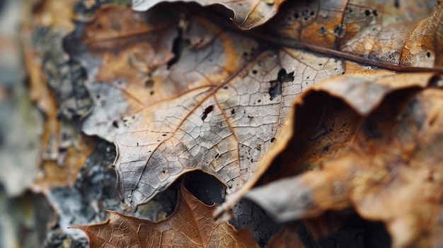 Primer plano de hojas secas de otoño con agujeros y gotas de rocío