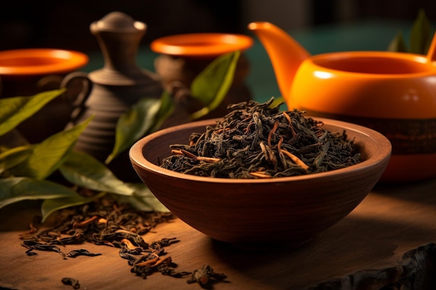 Primer plano de hojas de té desplegándose y expandiéndose en agua caliente