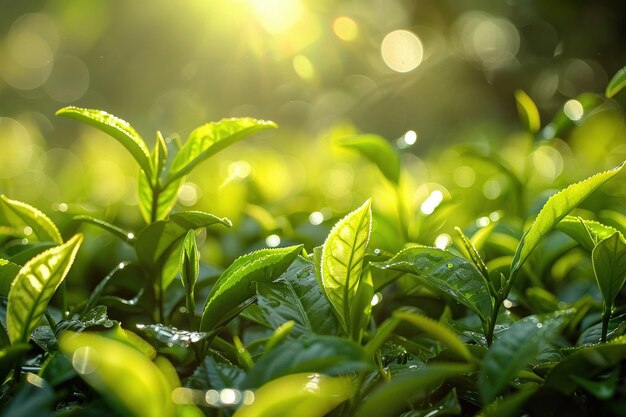 Un primer plano de hojas de té verde exuberantes en una plantación