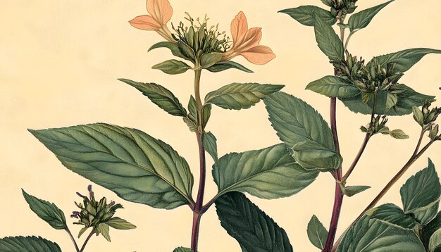 Un primer plano de hojas verdes y flores de color melocotón