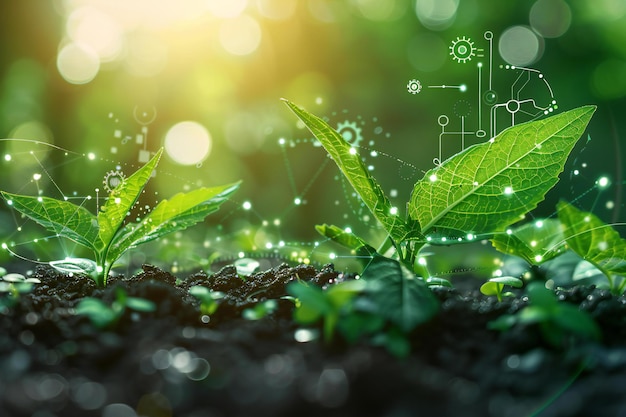 Un primer plano de hojas verdes que crecen en el suelo con patrones de circuitos digitales y engranajes flotantes ab