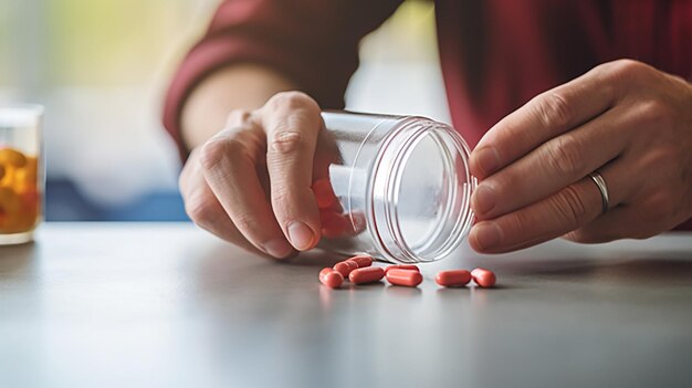 Primer plano de un hombre americano con camisa roja vertiendo pastillas de un frasco de pastillas recetadas