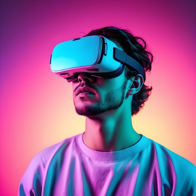 Un primer plano de un hombre con auriculares de realidad virtual de colores vaporwave