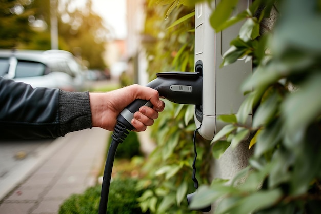 Primer plano de un hombre cargando un coche eléctrico en una estación de carga con IA generada