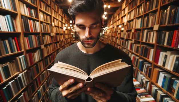 Primer plano de un hombre cautivado por la sinopsis de un libro que sostiene con filas y filas de estanterías que lo envuelven en un ambiente tranquilo.