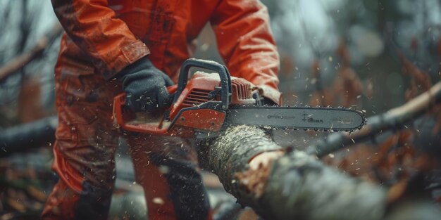 Primer plano de un hombre cortando árboles con una motosierra IA generativa