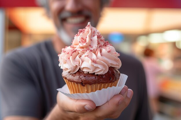 Un primer plano del hombre con el delicioso pastel