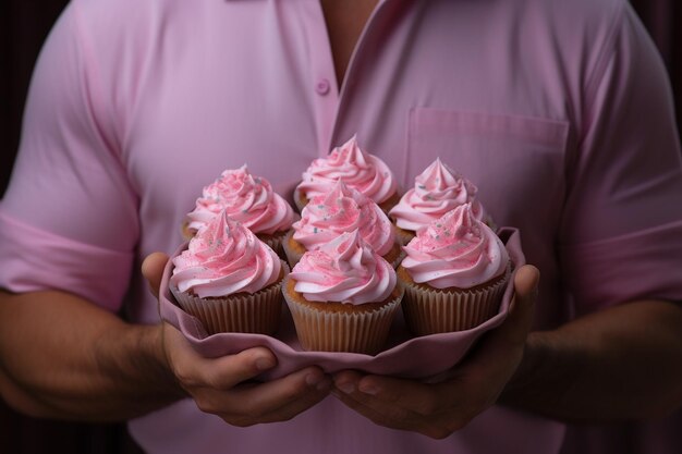 Un primer plano del hombre con los deliciosos cupcakes