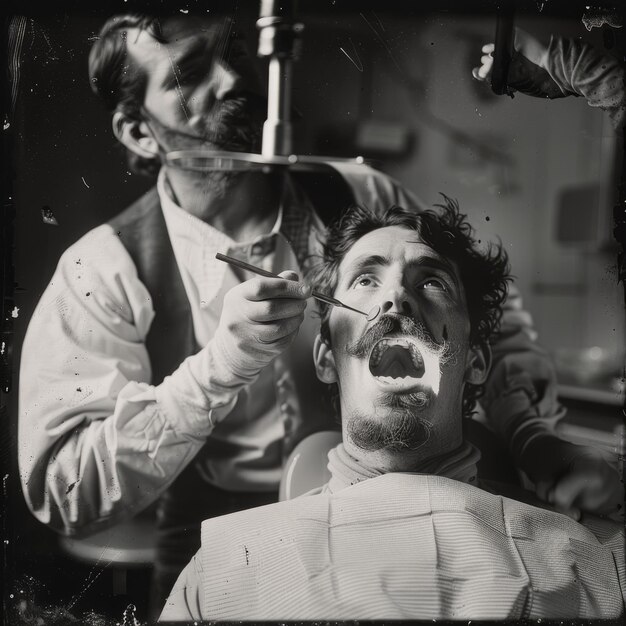 Foto primer plano de un hombre en el dentista foto granulada vintage